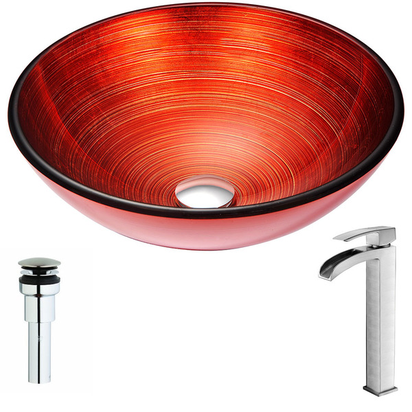 Anzzi Echo Deco-Glass Vessel Sink in Red with Key Faucet in Polished Chrome LSAZ057-097